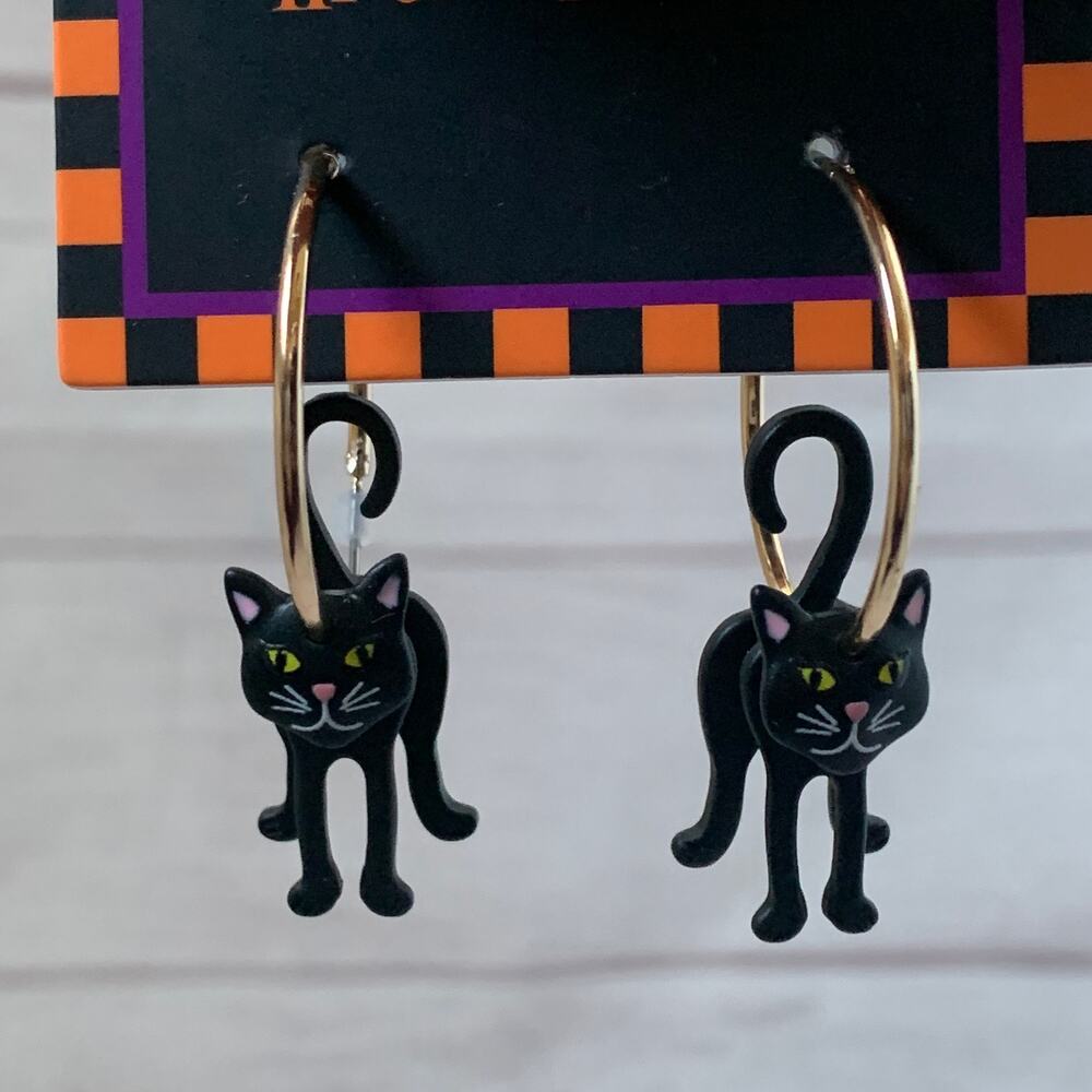 Trick or Treat Halloween Black Cat Dangling Hoop Earrings